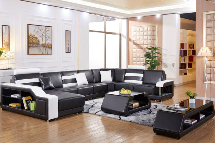 black leather modern sectional sofa set with left facing chasie