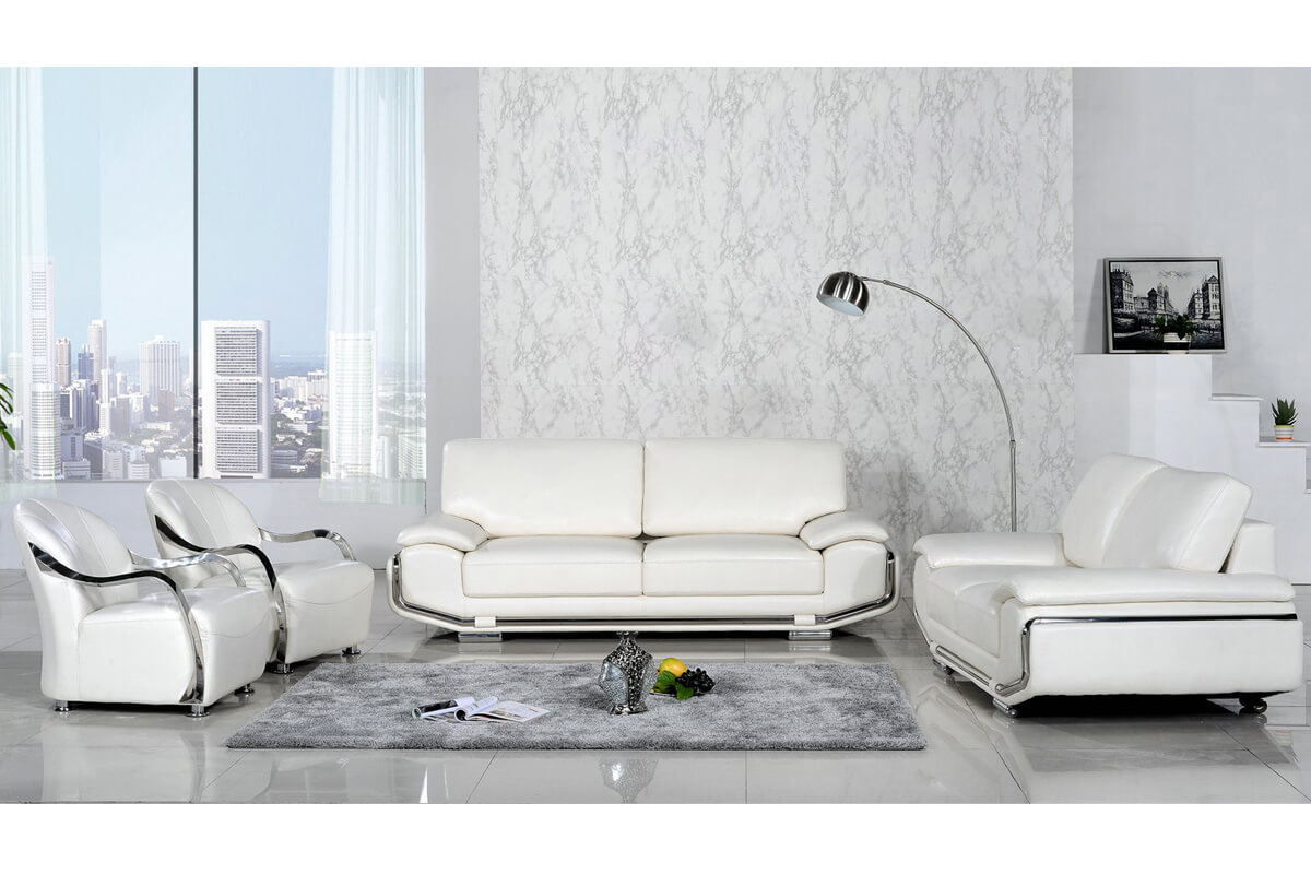 Modern Stainless Steel White Leather Sofa And Chair Set