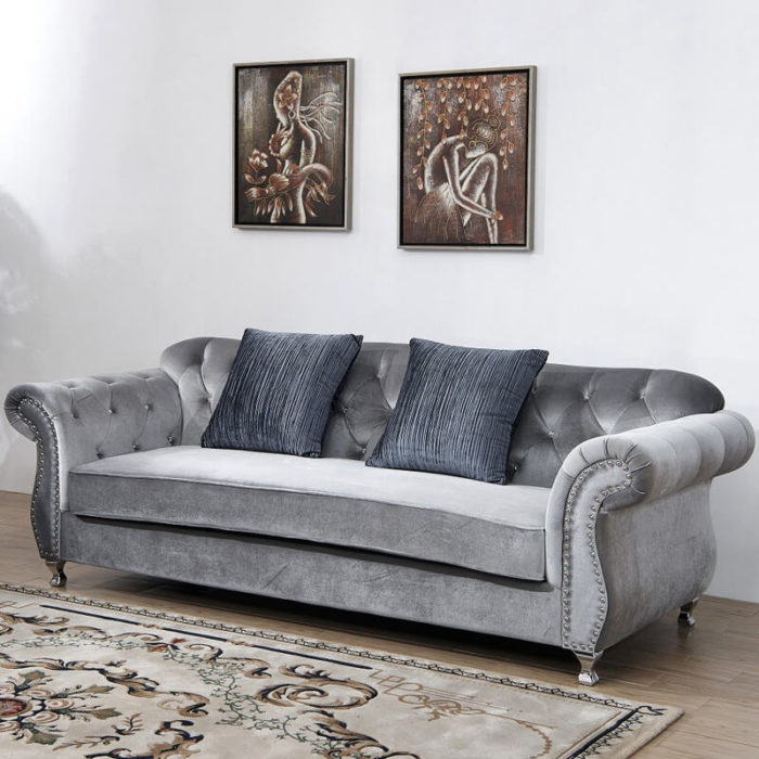 3 seater grey crushed velvet chesterfield sofa