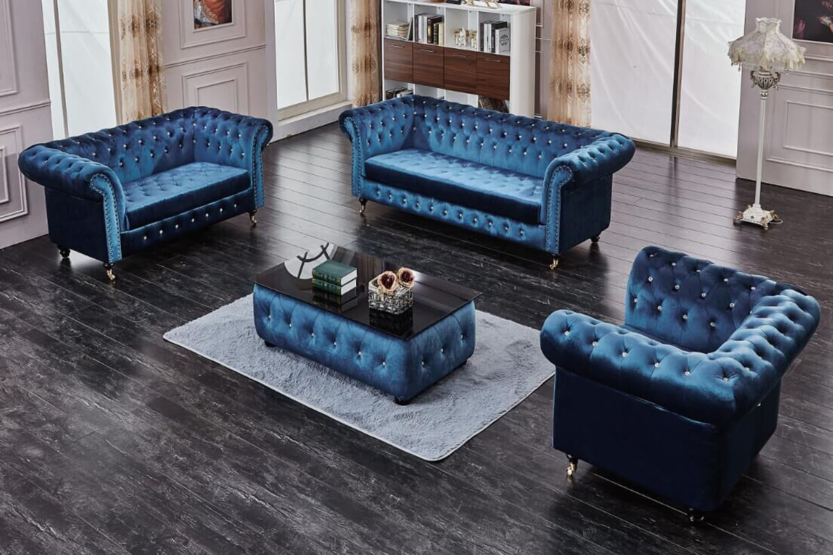 3-seater Teal Chesterfield Sofa | Blue Velvet Fabric ...