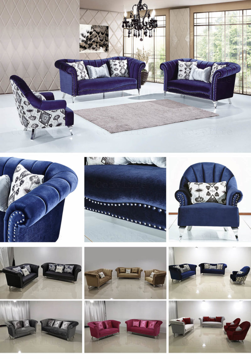 blue high back sofa set detail
