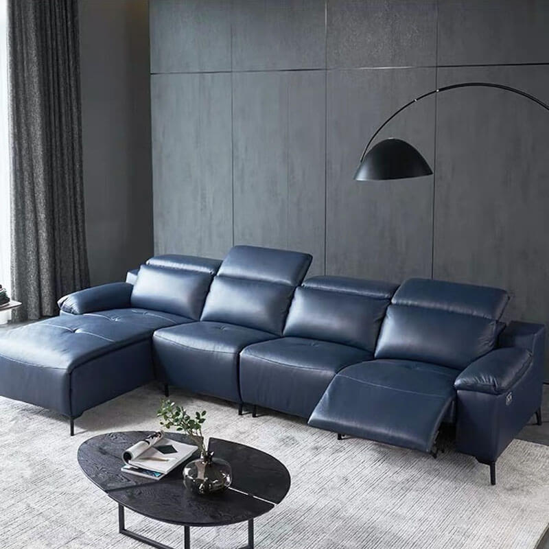 L Shaped Couch With Recliner Modular, Blue Leather Recliner Sectional Sofa