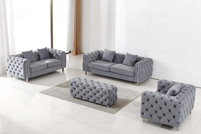 grey chesterfield living room couch set with ottoman