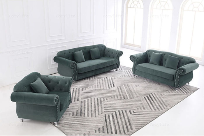 green velvet sofa set in 3 pieces
