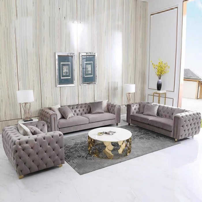 grey fabric chesterfield sofa set