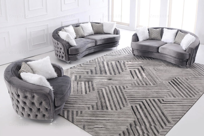 grey velvet chesterfield sofa set in half round