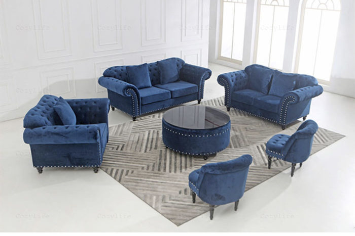 luxury chesterfiled living room set with armchairs and tables