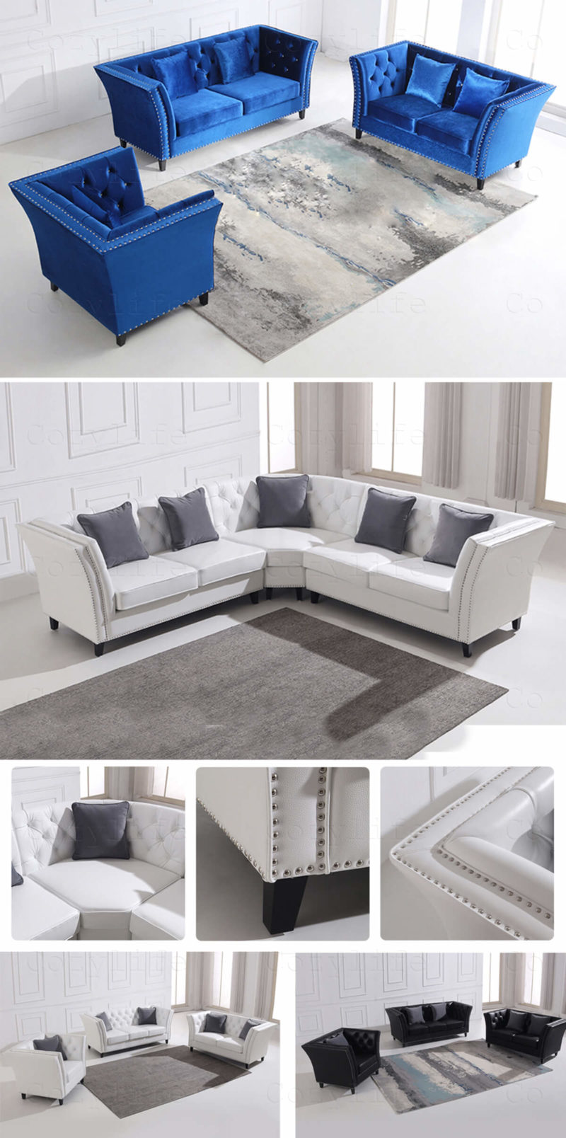 modern tufted sofa set in detail