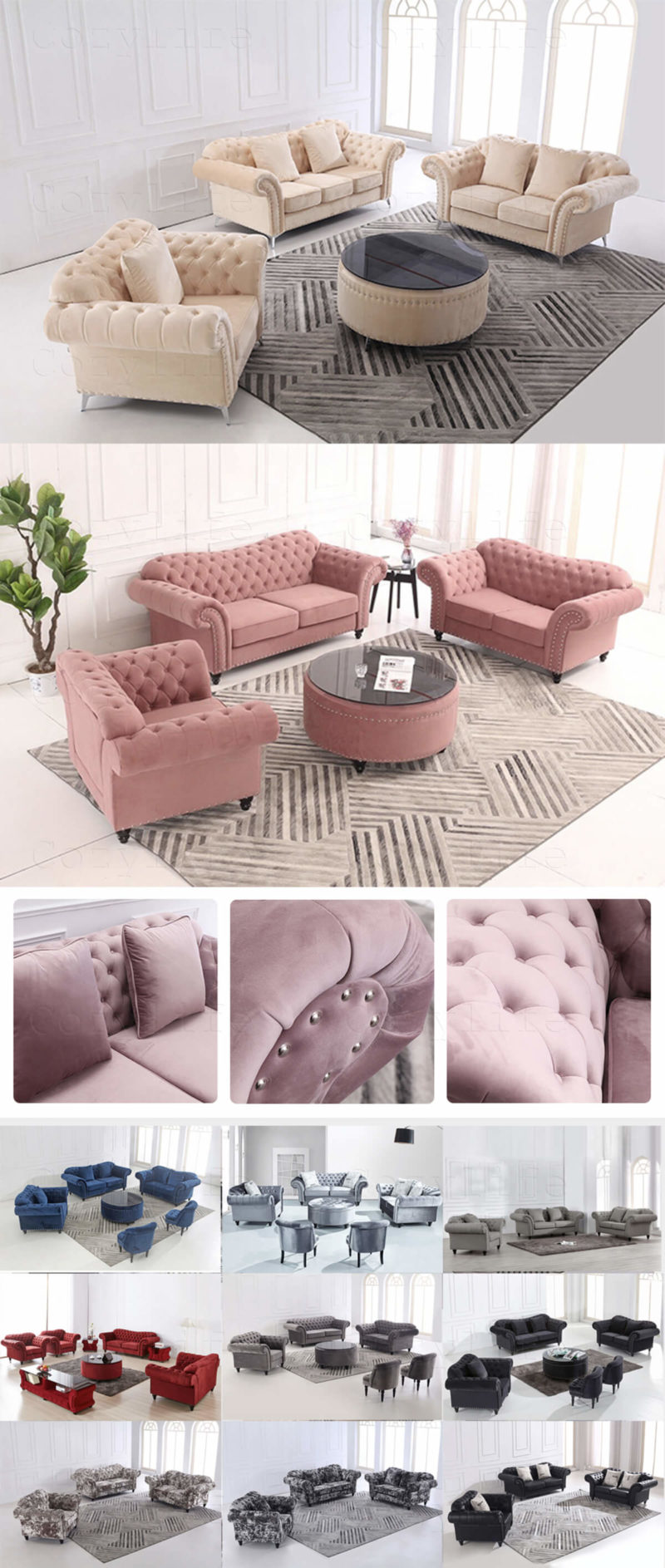 modern living room tufted sofa set in multi colors