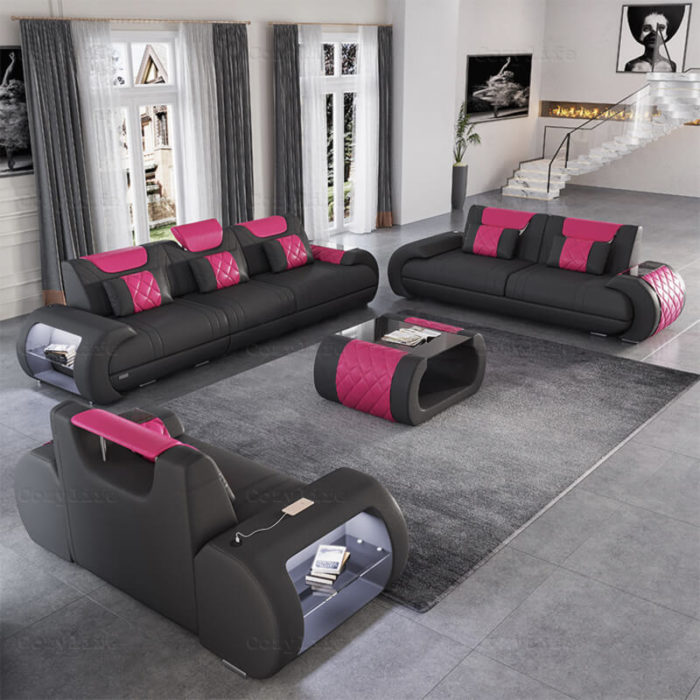 Italian leather elgant sofa set with smart led lights