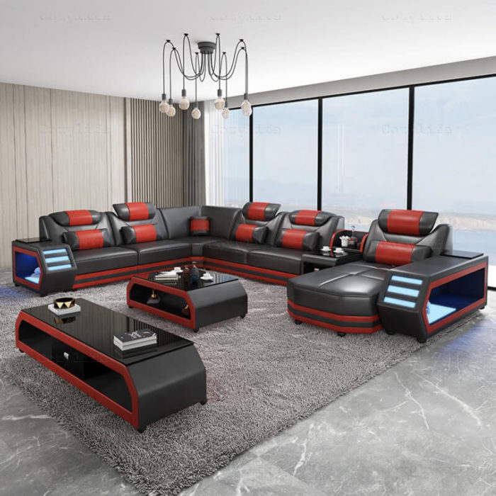 luxury sofa design black corner couch with led lights