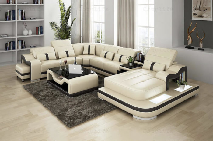 beige leather sectional sofa with led lights