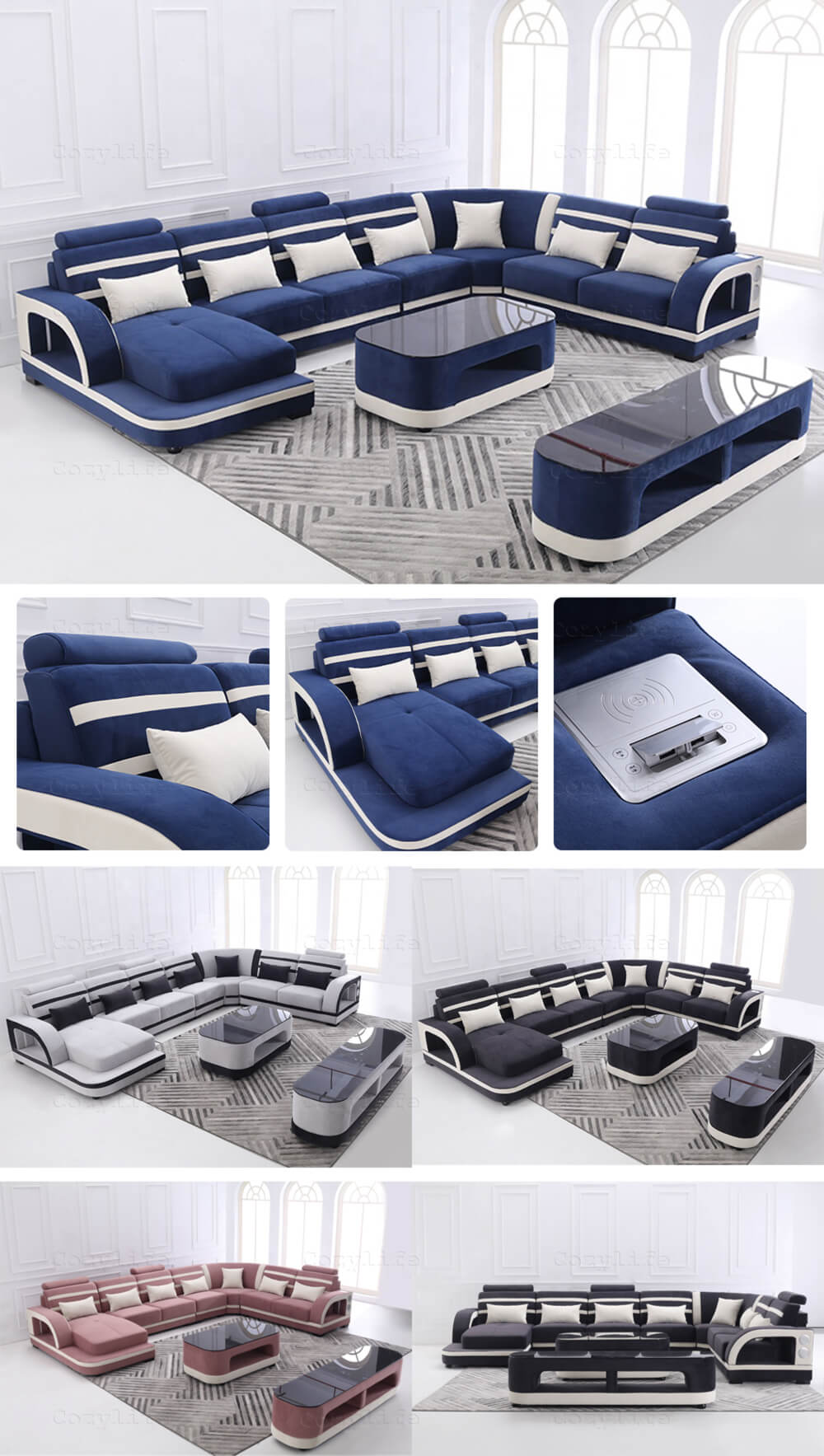blue velvet sectional sofa details