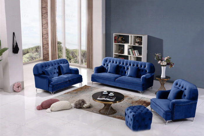 contemporary blue tufted sofa with footstool for wholesale