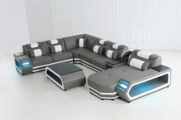 grey chaise sofa with multi color led lights