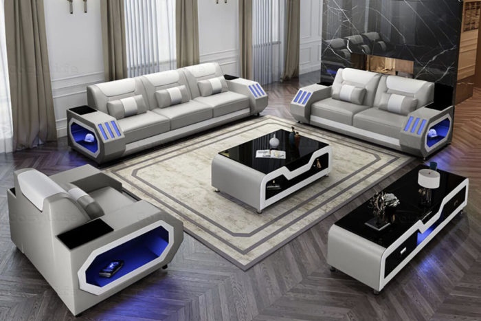 grey leather couch set with led lights