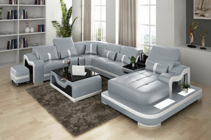 grey microfiber sectional with chaise & led lights
