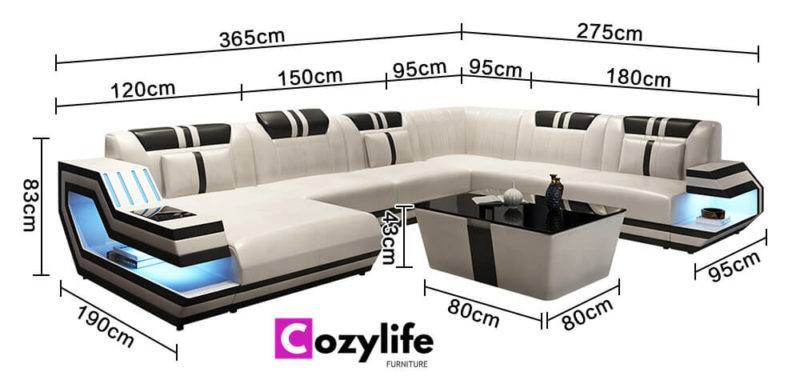led sectional couch size
