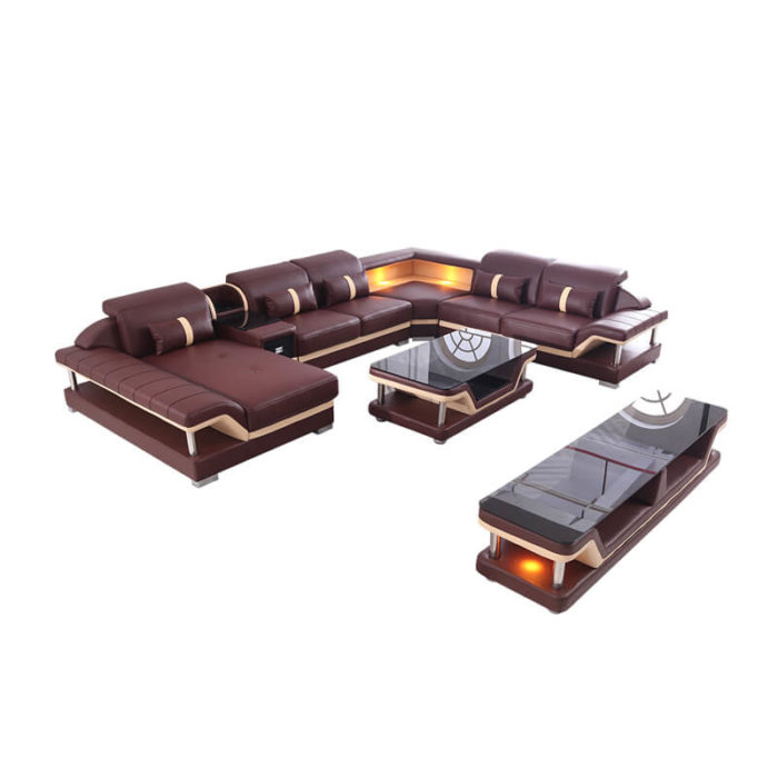 light brown leather sectional with led coffee table
