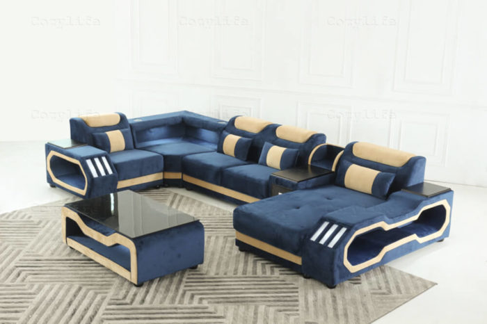 modern u shaped sectional in fabric with console drawer unit
