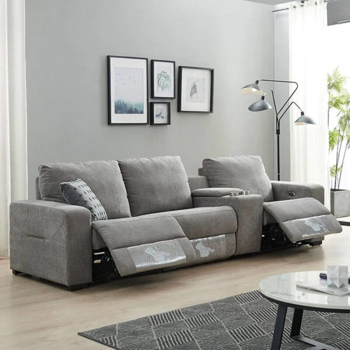 Contemporary grey fabric recliner sofa with cup holders